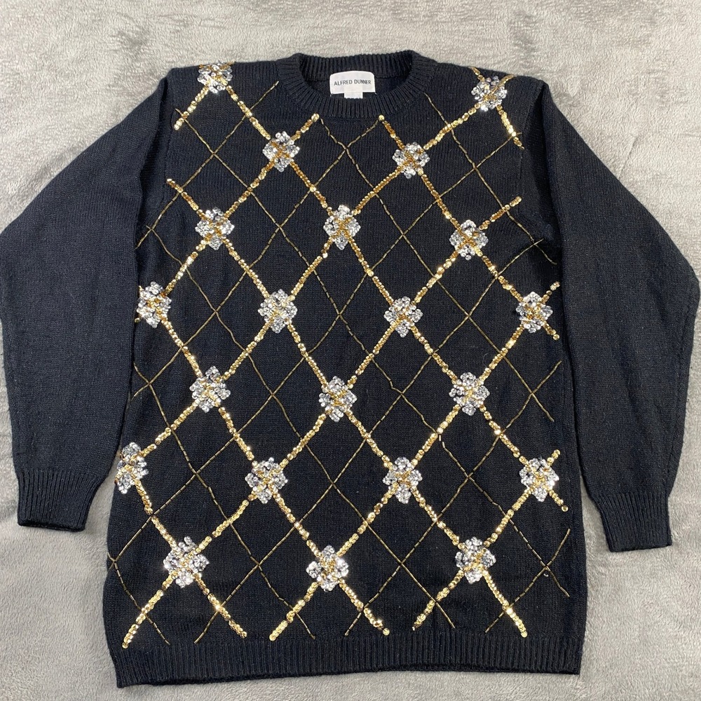 VTG‎ Alfred Dunner 90s Sweater Womens M Sequin Embellished Argle Knit Party